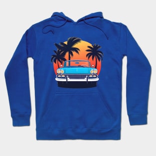 blue 1960s classic car with sun and palm trees Hoodie